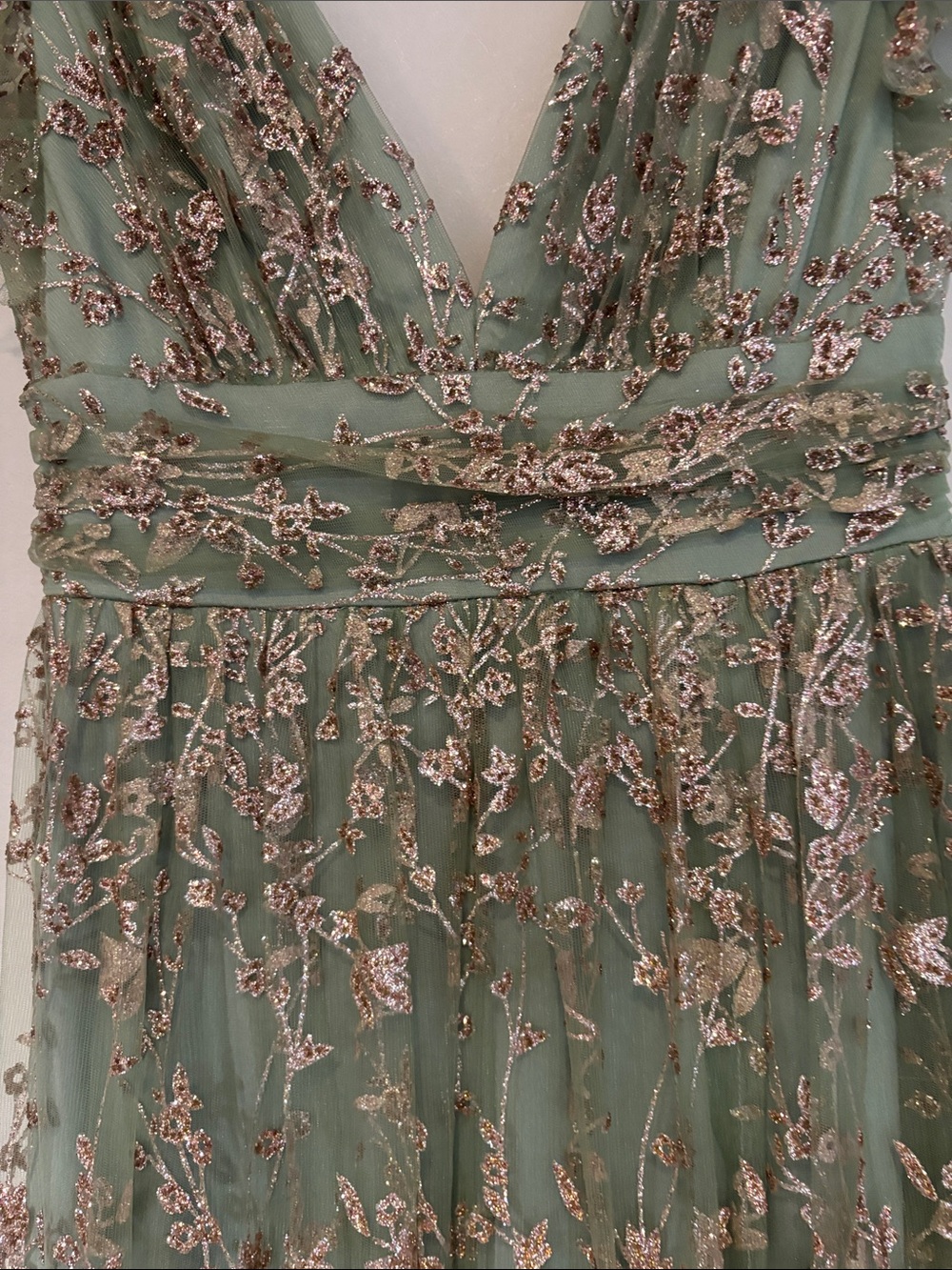 Baltic born Arden shimmer gown in sage+gold featuring a long V neckline - Picture 4 of 12